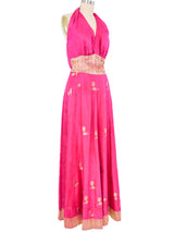 1960s Fuchsia Sari Silk Halter Gown Dress arcadeshops.com