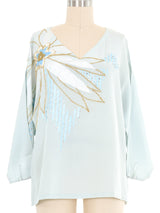 Baby Blue Embellished Painted Silk Top Top arcadeshops.com
