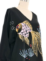 Black Embellished Painted Fish Silk Top Top arcadeshops.com