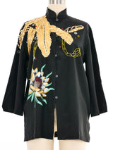 Black Embellished Painted Silk Blouse Top arcadeshops.com