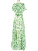 1970s Adele Simpson Floral Chiffon Flutter Gown Dress arcadeshops.com