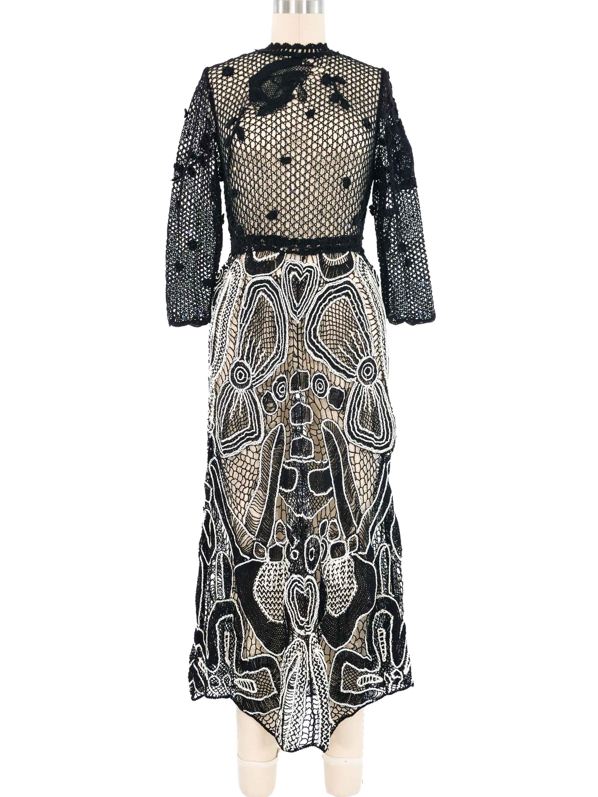 Black and White Floral Embellished Crochet Maxi Dress