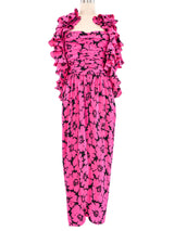Oscar de la Renta Fuchsia Floral Ruffle Gown Dress arcadeshops.com