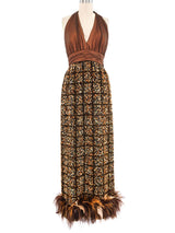 1970s Alfred Bosand Feather Trimmed Tweed Gown Dress arcadeshops.com