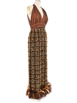 1970s Alfred Bosand Feather Trimmed Tweed Gown Dress arcadeshops.com