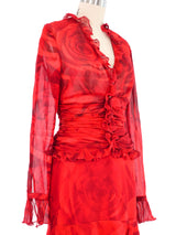Escada Red Floral Ruffle Skirt Ensemble Suit arcadeshops.com