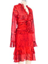 Escada Red Floral Ruffle Skirt Ensemble Suit arcadeshops.com