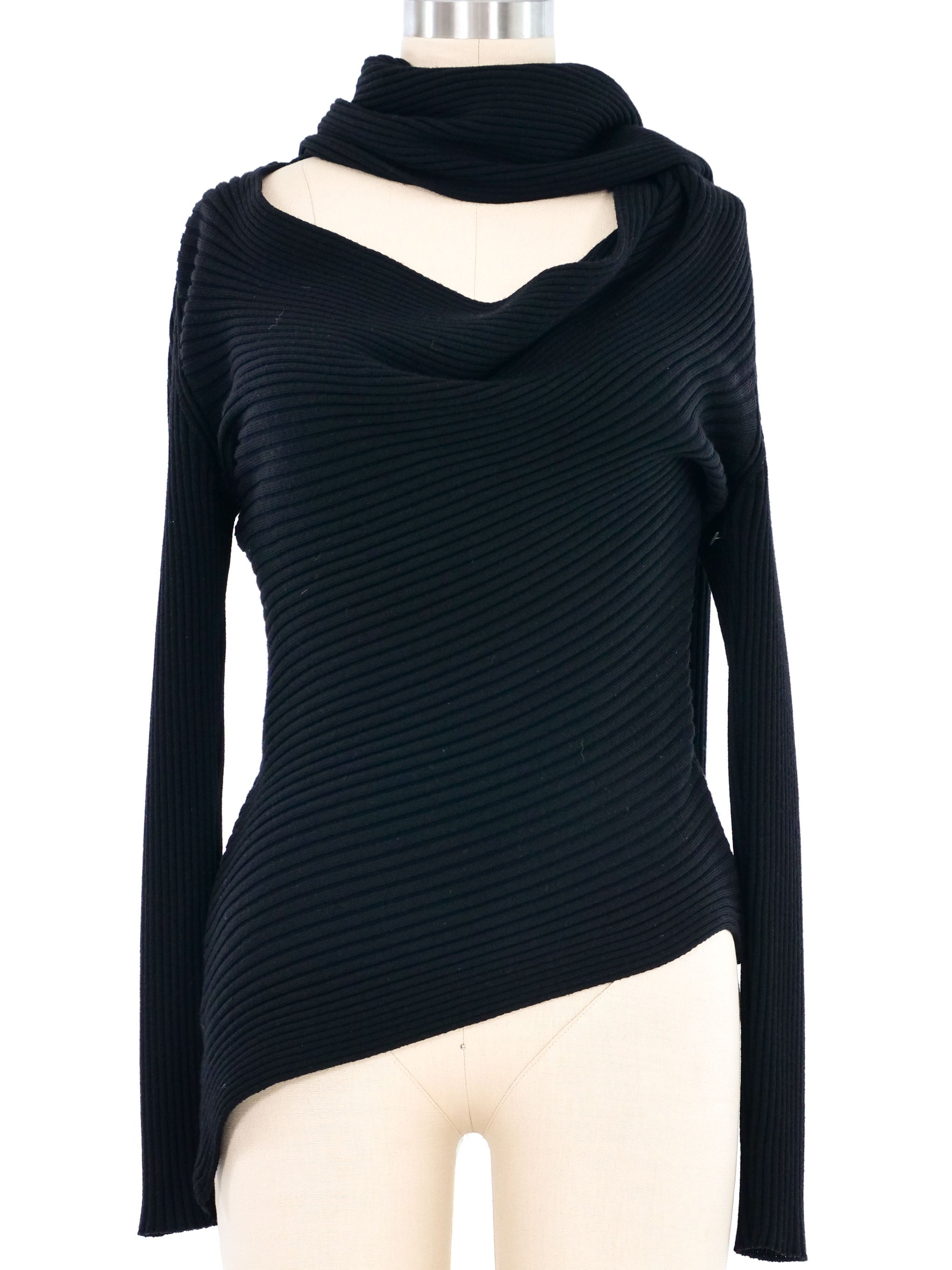 Jean Paul Gaultier Attached Scarf Ribbed Knit Sweater