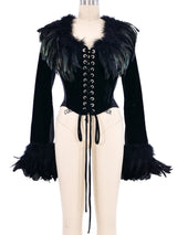 Feather Trimmed Lace Up Velvet Corset Top Top arcadeshops.com