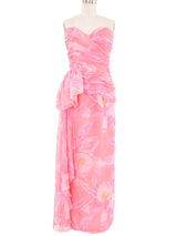 1970s Lillie Rubin Pink Floral Watercolor Chiffon Strapless Gown Dress arcadeshops.com
