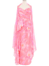 1970s Lillie Rubin Pink Floral Watercolor Chiffon Strapless Gown Dress arcadeshops.com
