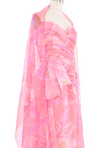 1970s Lillie Rubin Pink Floral Watercolor Chiffon Strapless Gown Dress arcadeshops.com