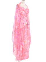 1970s Lillie Rubin Pink Floral Watercolor Chiffon Strapless Gown Dress arcadeshops.com