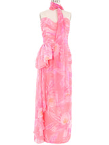 1970s Lillie Rubin Pink Floral Watercolor Chiffon Strapless Gown Dress arcadeshops.com