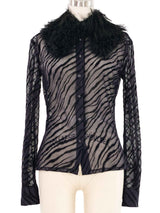 2000s Versus Versace Burnout Mesh Faux Fur Collar Blouse Top arcadeshops.com