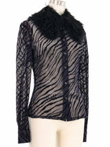 2000s Versus Versace Burnout Mesh Faux Fur Collar Blouse Top arcadeshops.com