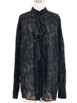 Dries Van Noten Black Sheer Embroidered Ruffle Blouse Top arcadeshops.com