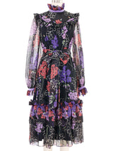 1970s Dark Floral Ruffle Chiffon Dress Dress arcadeshops.com