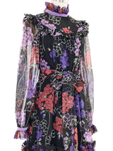 1970s Dark Floral Ruffle Chiffon Dress Dress arcadeshops.com