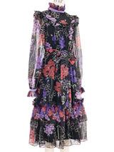 1970s Dark Floral Ruffle Chiffon Dress Dress arcadeshops.com
