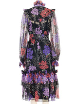 1970s Dark Floral Ruffle Chiffon Dress Dress arcadeshops.com