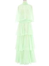 1970s Pistachio Chiffon Tiered Ruffle Gown Dress arcadeshops.com