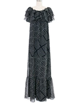 Hanae Mori Black And White Ruffle Off The Shoulder Gown Dress arcadeshops.com