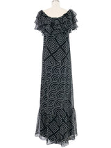 Hanae Mori Black And White Ruffle Off The Shoulder Gown Dress arcadeshops.com