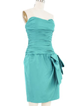 1980s Christian Dior Turquoise Ruched Cocktail Dress Dress arcadeshops.com