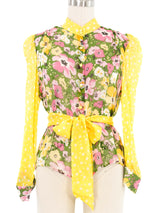 Edeltrud Hofmann Yellow Floral Chiffon Blouse Top arcadeshops.com