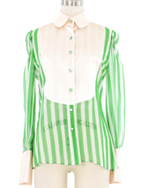Edeltrud Hofmann Green Chiffon Stripe Bib Blouse Top arcadeshops.com