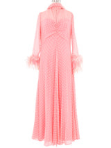 Pink Ostrich Trimmed Polka Dot Chiffon Gown Dress arcadeshops.com