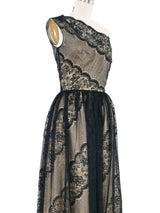 1980s Albert Nipon Lace One Shoulder Gown Dress arcadeshops.com