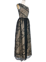 1980s Albert Nipon Lace One Shoulder Gown Dress arcadeshops.com