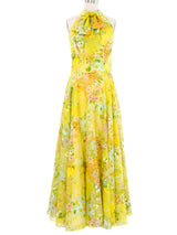 1970s Floral Bow Halter Gown Dress arcadeshops.com