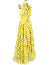1970s Floral Bow Halter Gown Dress arcadeshops.com