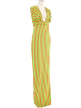 Galanos Neon Green Striped Crossback Gown Dress arcadeshops.com
