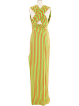Galanos Neon Green Striped Crossback Gown Dress arcadeshops.com