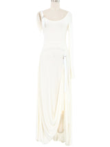 Loewe Fur Trimmed Asymmetrical White Jersey Gown Dress arcadeshops.com