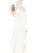 Loewe Fur Trimmed Asymmetrical White Jersey Gown Dress arcadeshops.com