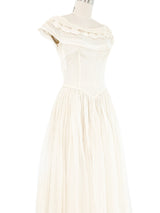 Ivory Drop Waist Floral Applique Gown Dress arcadeshops.com