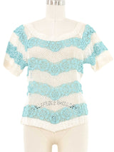 Teal and White Striped Floral Crochet Top Top arcadeshops.com