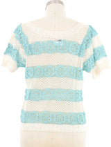 Teal and White Striped Floral Crochet Top Top arcadeshops.com
