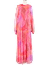 1970s Pink Chiffon Abstract Print Maxi Dress Dress arcadeshops.com