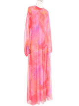 1970s Pink Chiffon Abstract Print Maxi Dress Dress arcadeshops.com