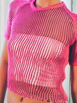 1970s Magenta Czech Mesh Military Cropped Tee Top arcadeshops.com