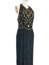 Mary McFadden Embellished Black Plisse Halter Gown Dress arcadeshops.com
