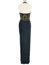 Mary McFadden Embellished Black Plisse Halter Gown Dress arcadeshops.com