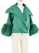 Fur Trim Emerald Satin Jacket Jacket arcadeshops.com