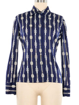 1970s Celine Logo Chain Print Blouse